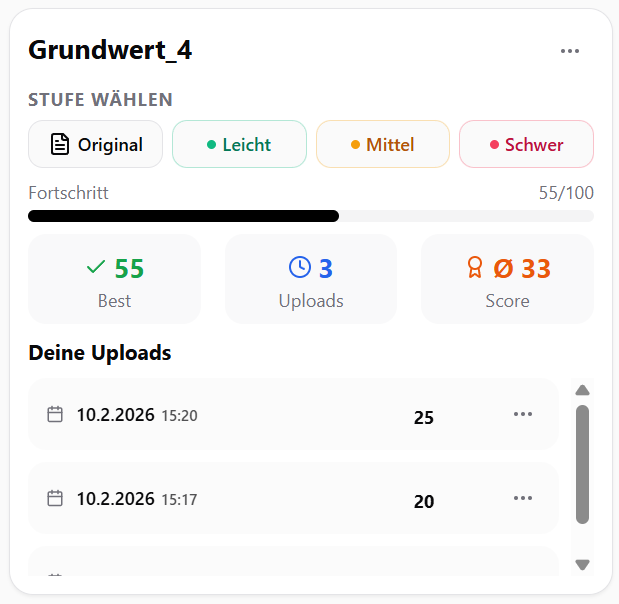 Schüleransicht eines Arbeitsblatts mit drei KI-generierten Schwierigkeitsstufen – Leicht, Mittel, Schwer für echte Binnendifferenzierung